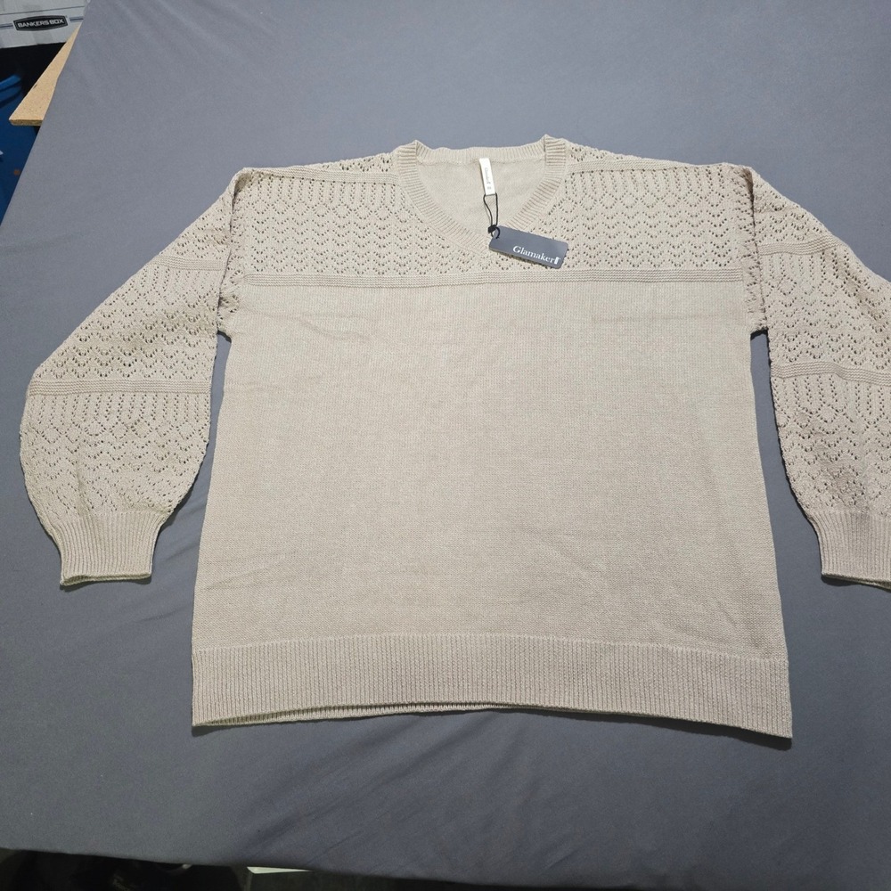new Glamaker V-Neck Sweater Women XL Beige Pointelle Crochet Knit Long Sleeve